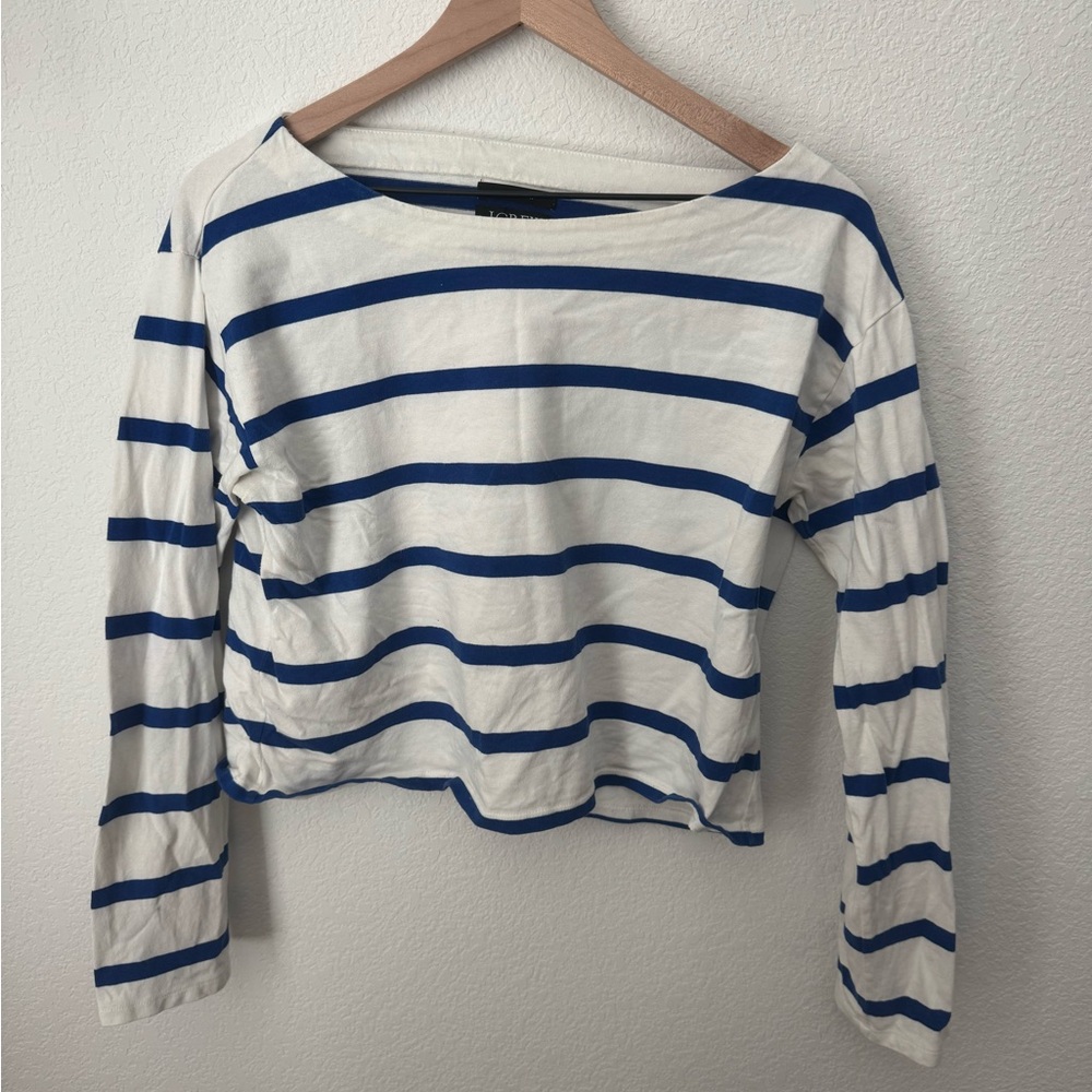 JCREW Cropped Fit Cotton Blue Striped Long Sleeve Top Nautical Preppy Small